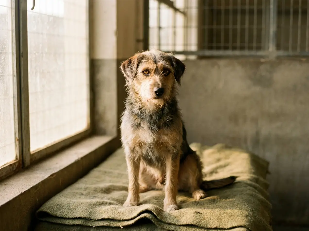 A rescue dog at a local shelter in warm window light